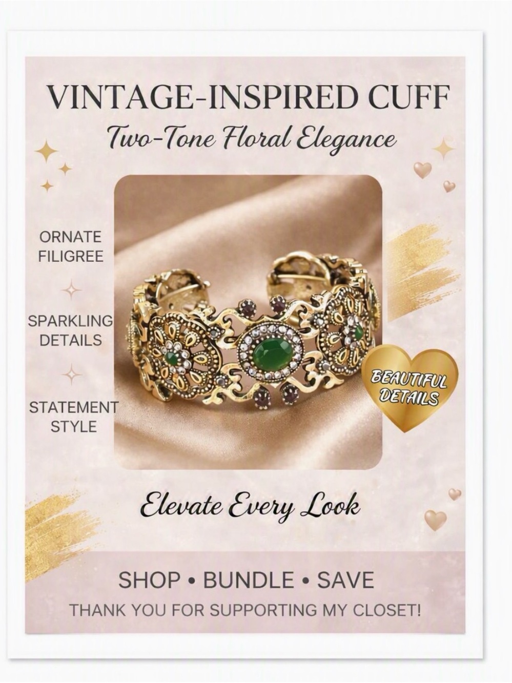 Emerald Colored Vintage‑Inspired Ornate Cuff Bracelet